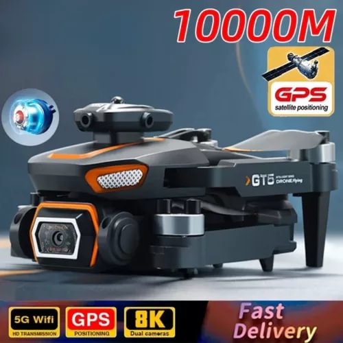 Professional dual-camera drone with obstacle sensors, gray body and orange accents