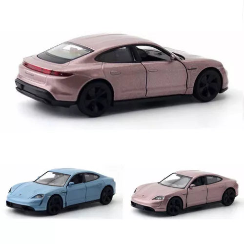Diecast model car toy of Porsche Taycan Turbo S in pink and light blue, multiple angles