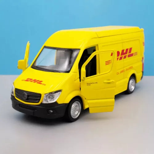 Yellow DHL mini diecast pull-back van toy, front and side view