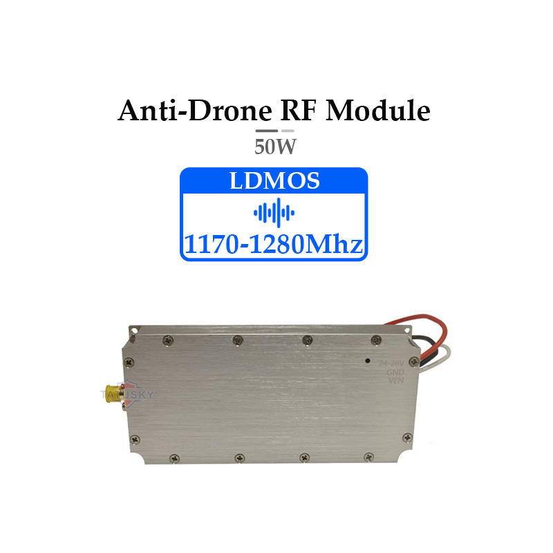Metal RF power amplifier module with red and black wires and mounting screw holes