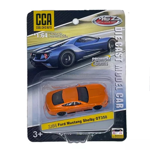 1:64 Ford Mustang Shelby GT350 orange diecast model car in blister pack