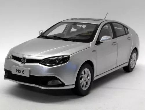 Silver MG 6 diecast saloon car, front three-quarter view