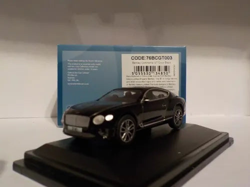 Black Bentley Continental GT 1/76 diecast model on display base, front view