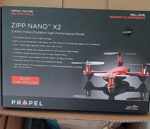 Propel Zipp Nano X2 quadcopter drone on retail box, red with four rotors