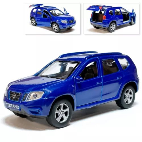 Blue Nissan Terrano 1/36 diecast model car with detailed grille and headlights