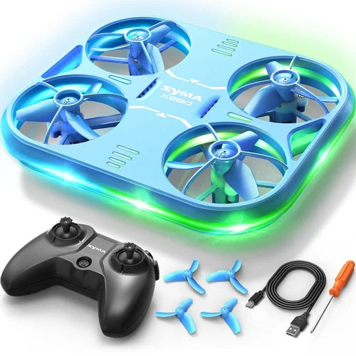 Blue mini quadcopter drone with LED lights, black controller, USB cable and propellers