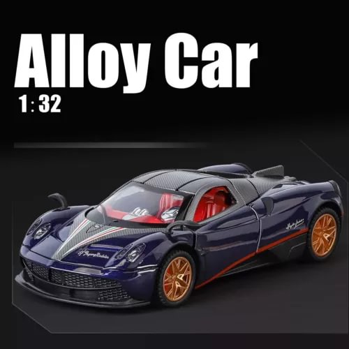 1:32 diecast alloy car model with blue body, orange wheels, front three-quarter view