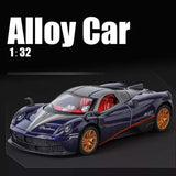 1:32 diecast alloy car model with blue body, orange wheels, front three-quarter view
