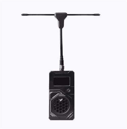 FPV transmitter module with long antenna, small screen, and circular port