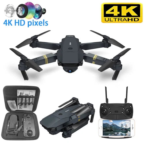 Black quadcopter drone with built-in camera and foldable arms, with remote screen