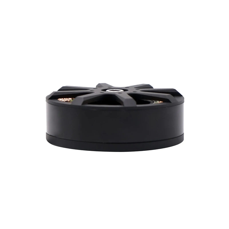 Black circular brushless DC remote control motor with cooling fins and mounting holes