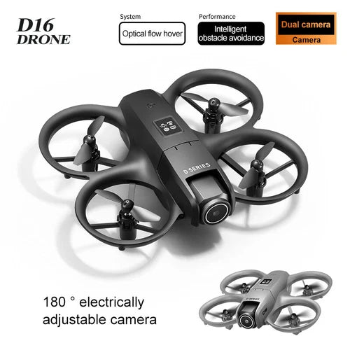 Black mini quadcopter drone with four rotors and built-in dual camera