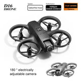 Black mini quadcopter drone with four rotors and built-in dual camera