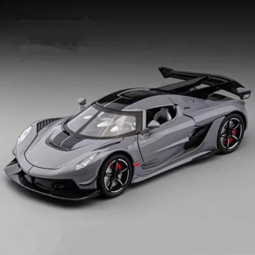 1:24 diecast sports car model, silver with black aero parts and red wheels