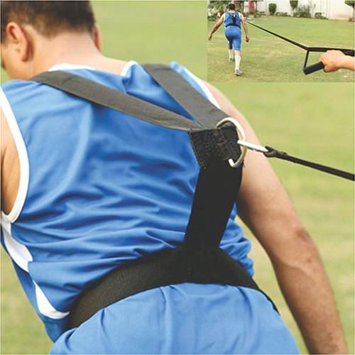 Black speed resistance training harness belt with handle and metal ring detail