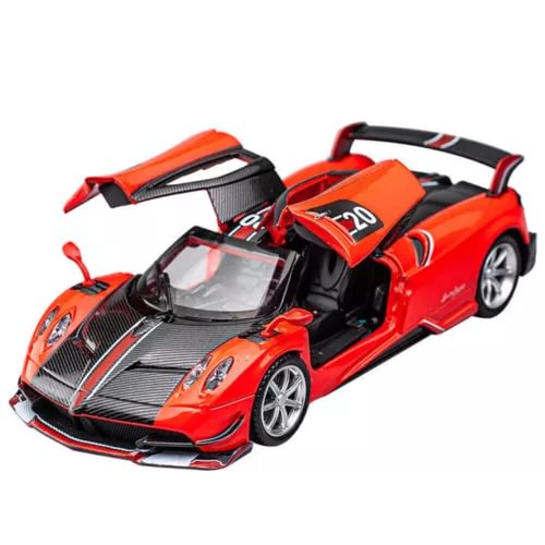 1:32 scale diecast sports car, orange with black carbon hood and raised doors