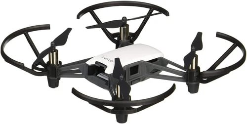 DJI Tello mini drone with four propellers, white body and black arms