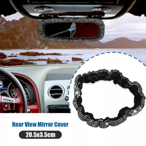 Black beaded rear view mirror cover with small rhinestone accents