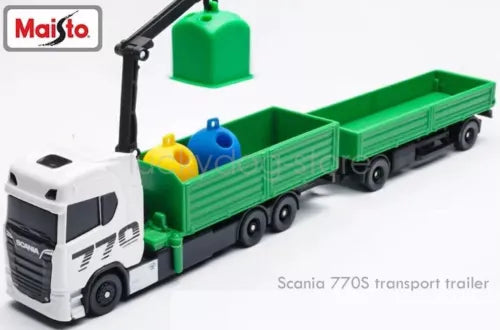 Maisto die-cast freight trailer truck model, white cab and green flatbed with blue/yellow details