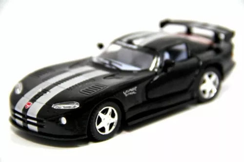 Black 1:36 diecast sports car with racing stripes, detailed cockpit and wheels