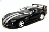 Black 1:36 diecast sports car with racing stripes, detailed cockpit and wheels