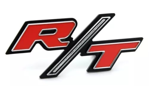 Diecast R/T grille emblem with red R and T letters, black outline, chrome accents
