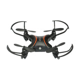 Foldable mini drone, black with orange stripe and four rotor arms
