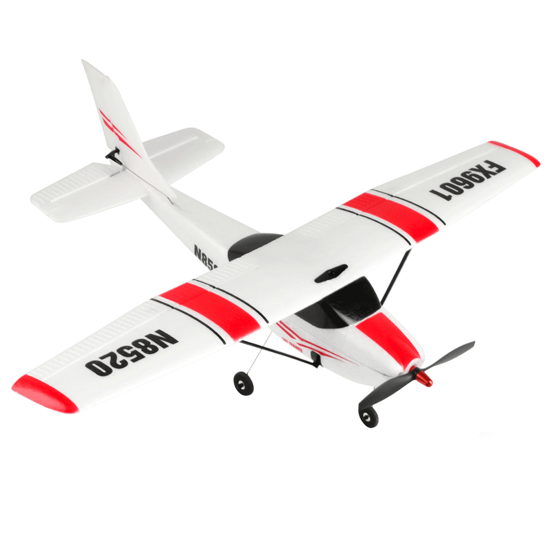 White and red RC airplane with propeller, fixed wings and landing gear