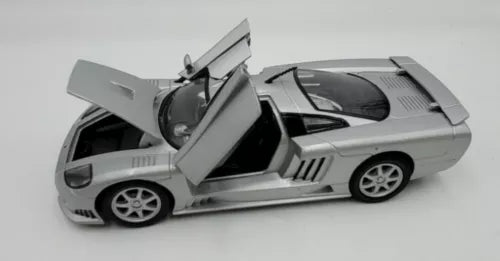 Saleen S7 1:24 diecast model car, silver-gray with open hood and side doors