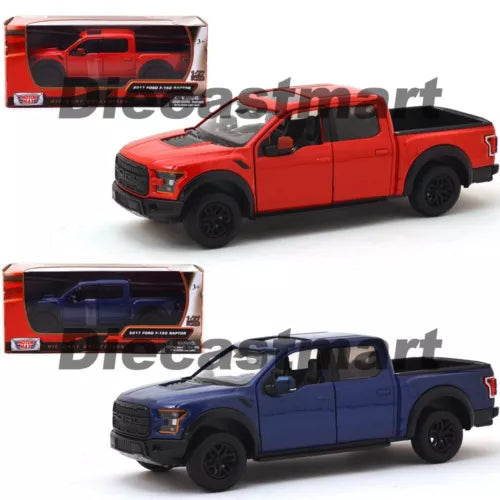 Diecast Ford Raptor pickup truck, red and blue, 1:24 scale, detailed exterior