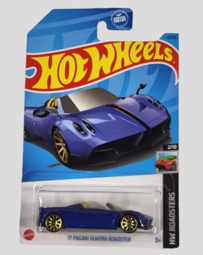 Blue Pagani Huayra roadster die-cast car in blister pack, 1/64 scale