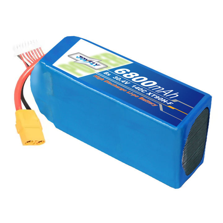 Blue drone lithium polymer battery pack with label, two-pin connector and red/black leads