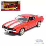 Red 1969 Camaro SS diecast model car, front 3/4 view with white racing stripes