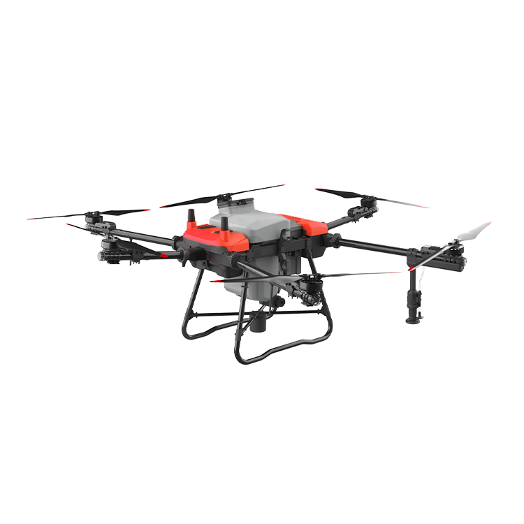 Agricultural sprayer drone with orange and black quadcopter frame and four propellers