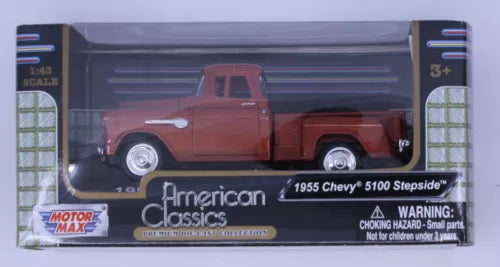 Diecast pickup truck model in box, maroon with white wheels and sidestep