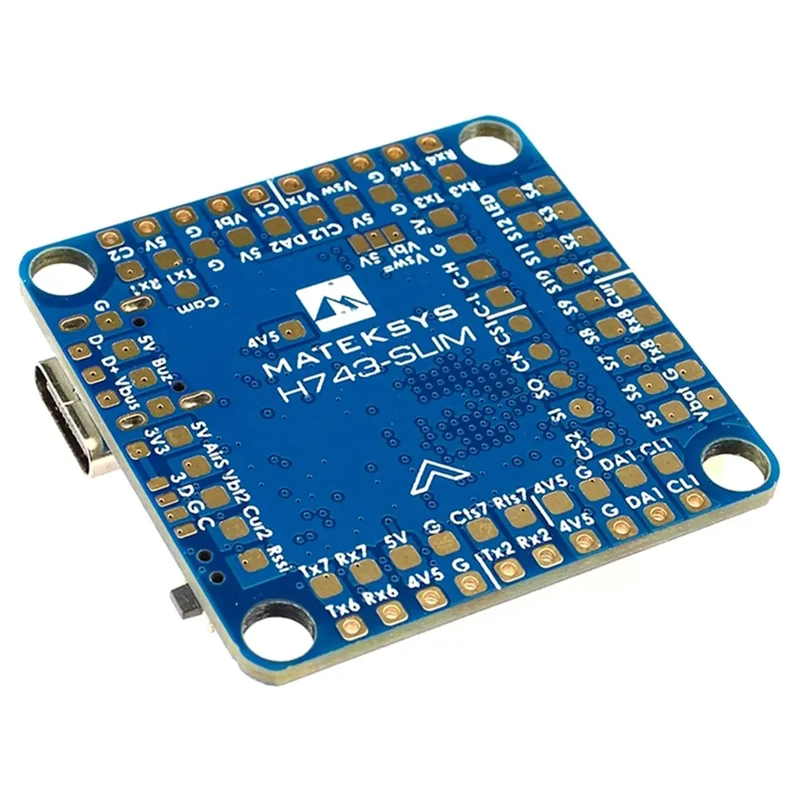 MATEK H743-SLIM V3 slim flight control board, blue PCB with mounting holes