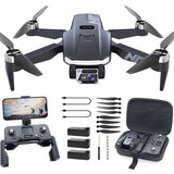 Foldable GPS drone with camera, four propellers, shown with remote and accessories case