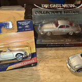 Diecast Porsche 356 B/C toy car in display box, silver body with red details