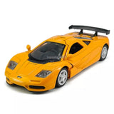 Orange 1:36 scale diecast model car with fixed rear spoiler and detailed cockpit