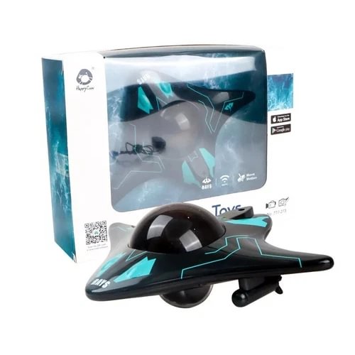 Black and teal RC submarine drone with camera, streamlined hull and twin propellers