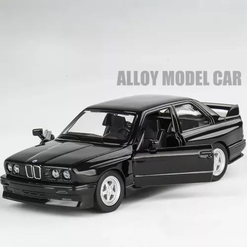 BMW M3 1978 diecast model car, black alloy toy with front 3/4 view