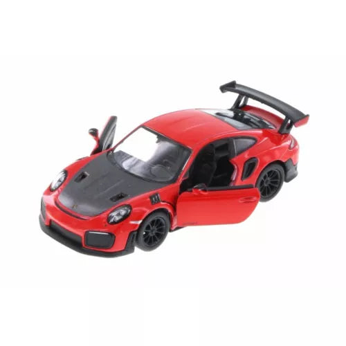 Red diecast sports car toy with black hood, black wheels, and rear spoiler.
