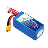 Blue Li-ion drone battery pack with label, wires, and yellow connector