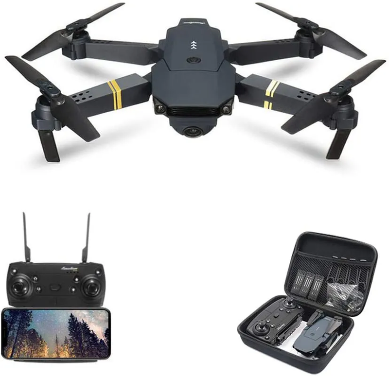Mini quadcopter drone with foldable arms, plus remote controller and open storage case