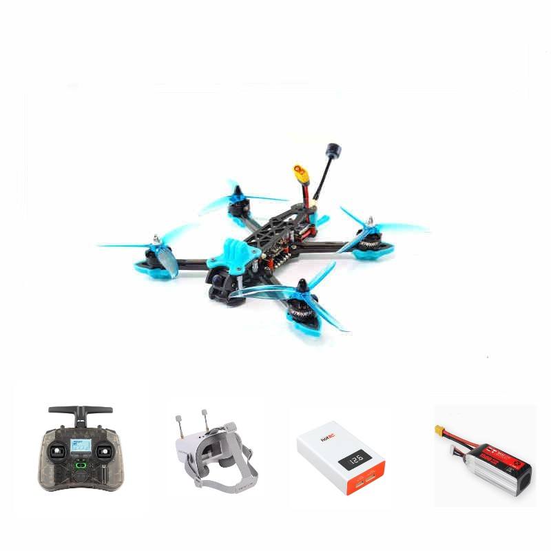 5-inch freestyle racing drone kit with turquoise quadcopter, remote, goggles, battery and box