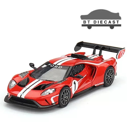 MINI GT red diecast race car with white stripes and FORD decals, front 3/4 view