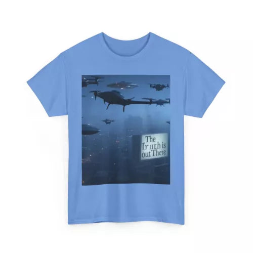 Blue unisex T-shirt with UFO drone graphic and The Truth Is Out There text