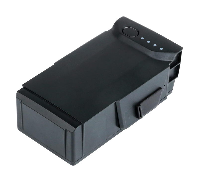 Black LiPo drone battery, rectangular pack with contact ports and indicator dots