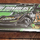 Diecast race car model in box, green and black sprint car design
