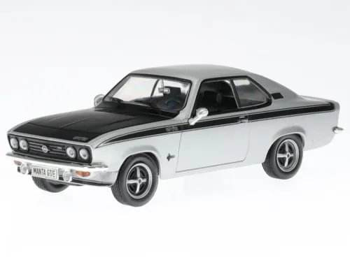 Diecast model car, black hood and silver body, front 3/4 view with chrome grille